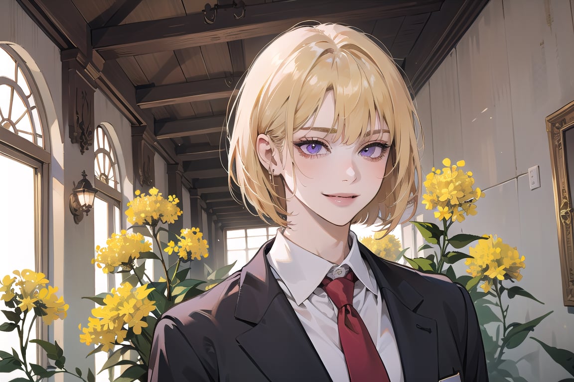 ((Goldenrod hair)), bob cut, bangs, purple eyes, (smirk), ((small chest:1.1)), wearing a ((school uniform:1.3)), red tie, by Raphael, masterpiece, upper body shot, magnificent indoor hall,Argissa,1 girl,Neonie,1girl