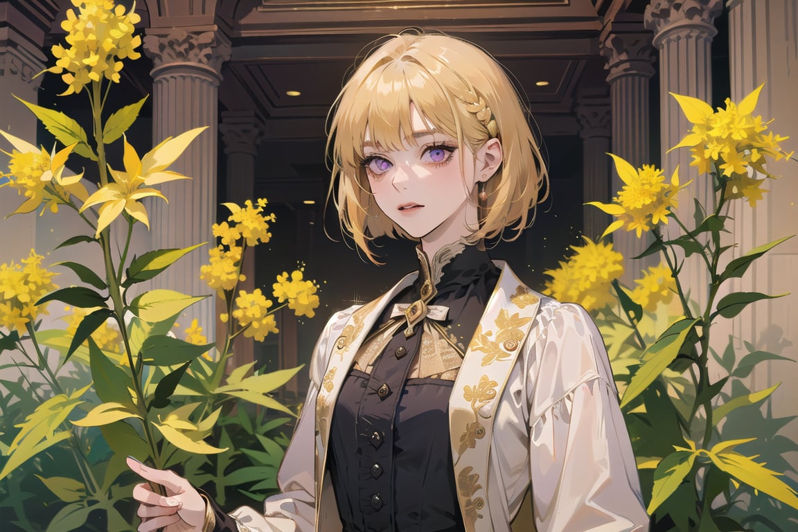 ((Goldenrod hair:1.5)), bob cut, bangs, purple eyes, ((small chest:1.1)), wearing a ((Victorian dress:1.1)), long sleeve, by Raphael, masterpiece, upper body shot, magnificent indoor hall, Neonie, 1girl