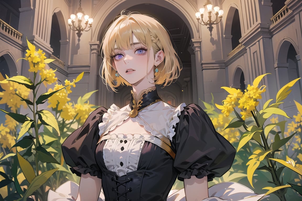 ((Goldenrod hair:1.5)), bob cut, bangs, purple eyes, ((small chest:1.1)), wearing a ((Victorian dress:1.1)), prince, by Raphael, masterpiece, upper body shot, magnificent indoor hall, Neonie, 1girl