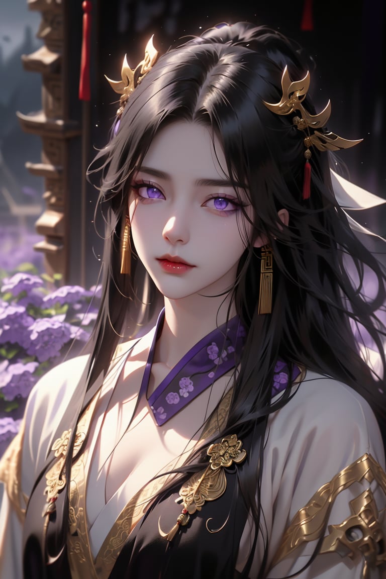 (cowboy shot), dynamic action style, (1woman), (female:1.2), mature face, (mature girl:1.2), sinister smirk, (Chinese hanfu with black and gold accents), finely detailed eyes and face, slim figure, (long black straight hair:1.2), (purple eyes:1.3), (focus on character:1.1), ((solo)), detailed face, detailed eyes, Chinese epic style, clear subject, ultra realistic, ultra detailed, OC rendering, blender, high detail, ultra high quality, dark and ominous atmosphere, dark clouds swirling, subtle mist