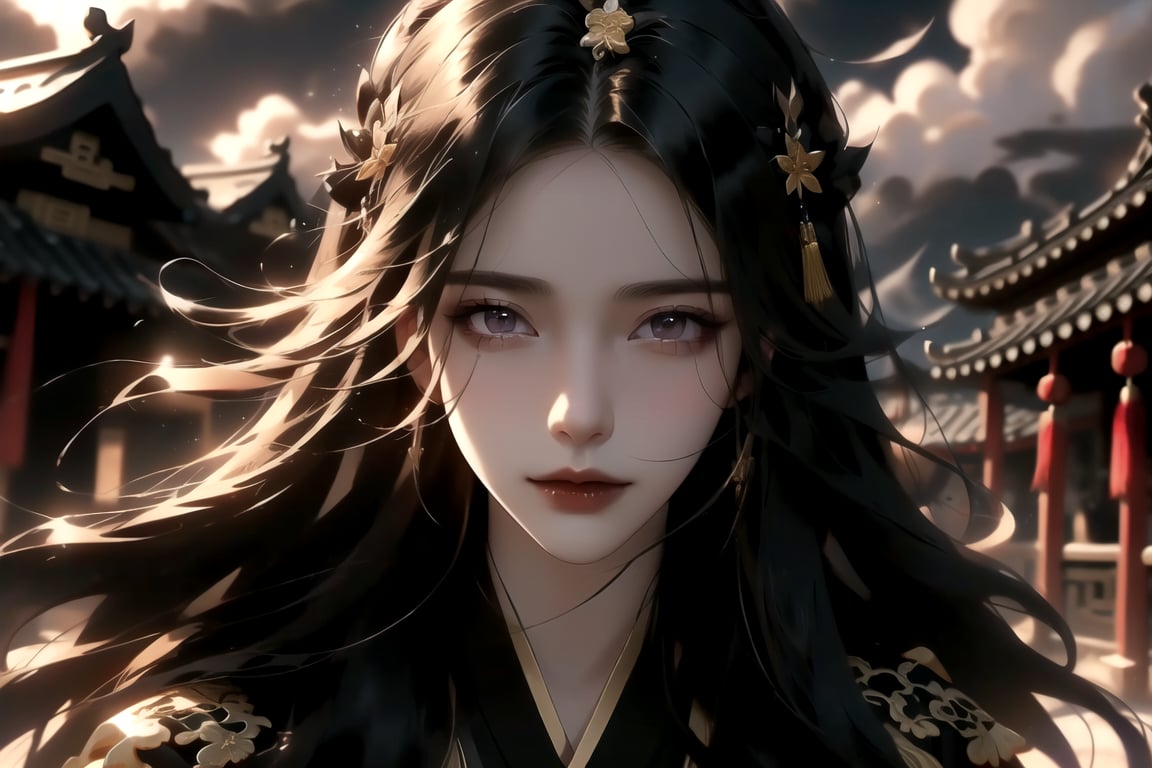 (cowboy shot), dynamic action style, (1woman), (female:1.2), mature face, (mature girl:1.2), sinister smirk, (Chinese hanfu with black and gold accents), finely detailed eyes and face, slim figure, (long black straight hair:1.2) flowing, (purple eyes:1.1), (focus on character:1.1), ((solo)), detailed face, detailed eyes, Chinese epic style, clear subject, ultra realistic, ultra detailed, OC rendering, blender, high detail, ultra high quality, dark and ominous atmosphere, dark clouds swirling, subtle mist
