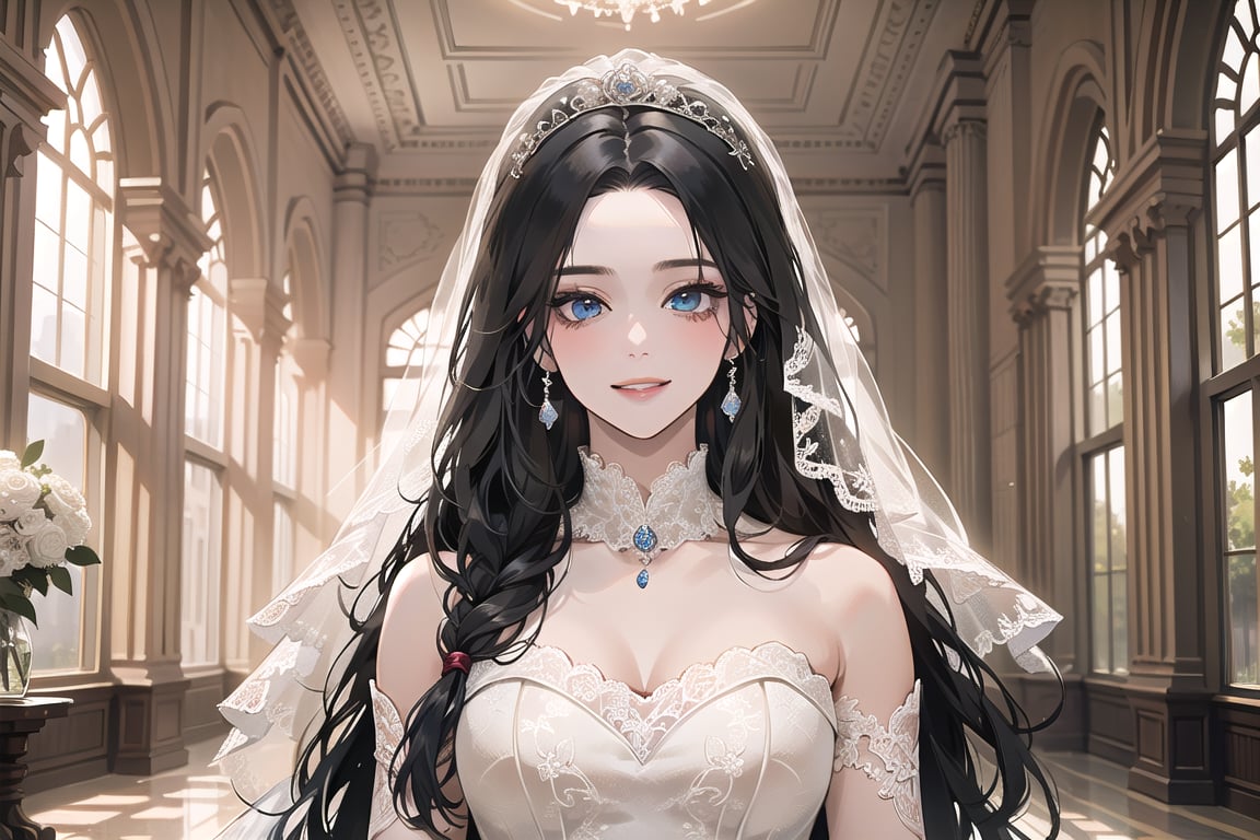 ((Black hair)), (((center parthair))), straight long hair, blue eyes, angelic smile, wearing a ((wedding lace dress:1.3)), by Raphael, masterpiece, upper body shot, magnificent indoor hall, Herioce,1 girl