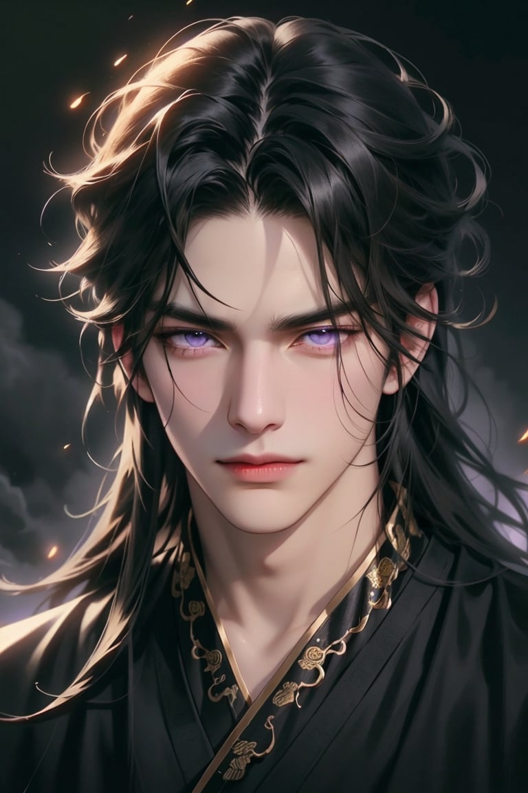 (cowboy shot), dynamic action style, (1man), (male:1.2), mature face, (mature boy:1.2), sinister smirk, (Chinese hanfu with black and gold accents), finely detailed eyes and face, (long black straight hair:1.2), (purple eyes:1.1), (focus on character:1.1), ((solo)), detailed face, detailed eyes, Chinese epic style, clear subject, ultra realistic, ultra detailed, OC rendering, blender, high detail, ultra high quality, dark and ominous atmosphere, dark clouds swirling, subtle mist
