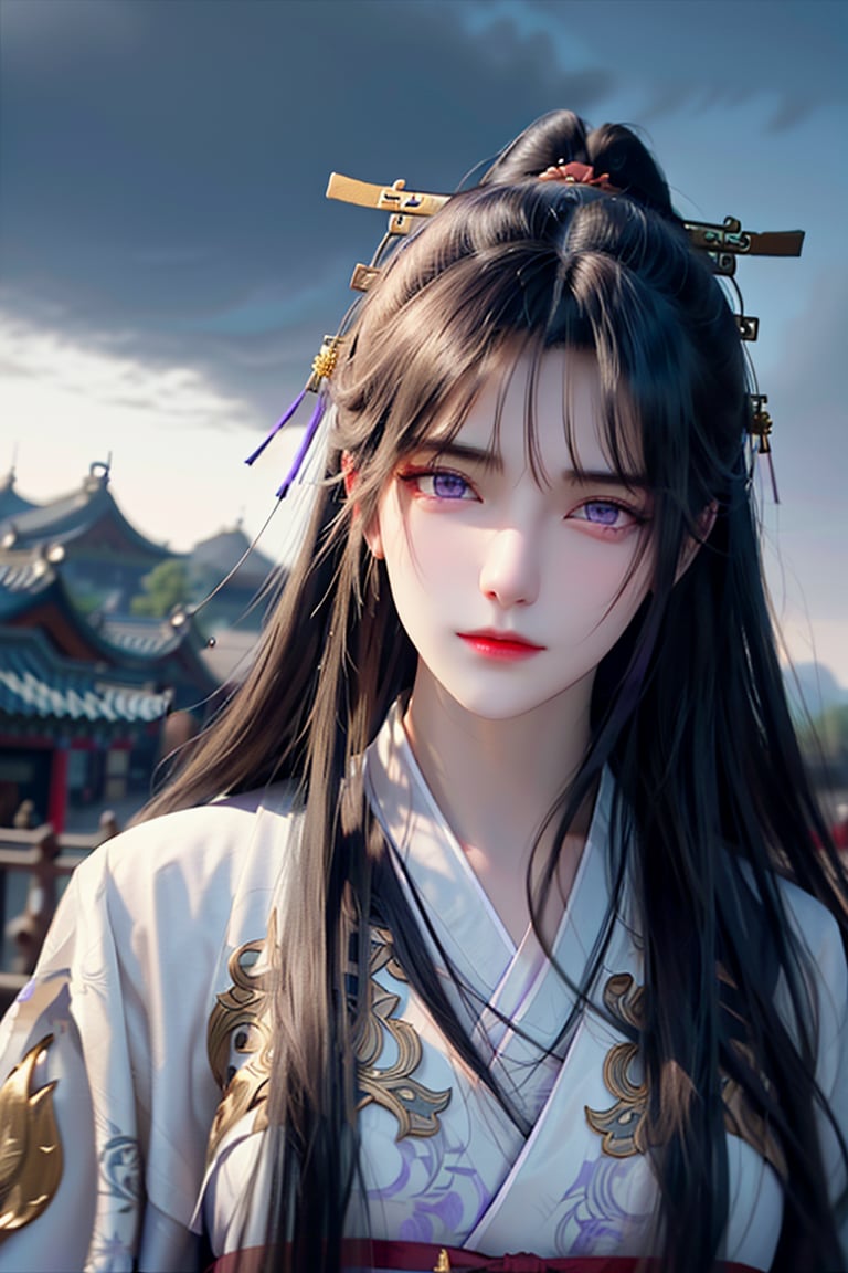 (cowboy shot), dynamic action style, (1woman), (female:1.2), mature face, (mature girl:1.2), sinister smirk, (Chinese hanfu with black and gold accents), finely detailed eyes and face, slim figure, (long black straight hair:1.2), (purple eyes:1.3), (focus on character:1.1), ((solo)), detailed face, detailed eyes, Chinese epic style, clear subject, ultra realistic, ultra detailed, OC rendering, blender, high detail, ultra high quality, dark and ominous atmosphere, dark clouds swirling, subtle mist