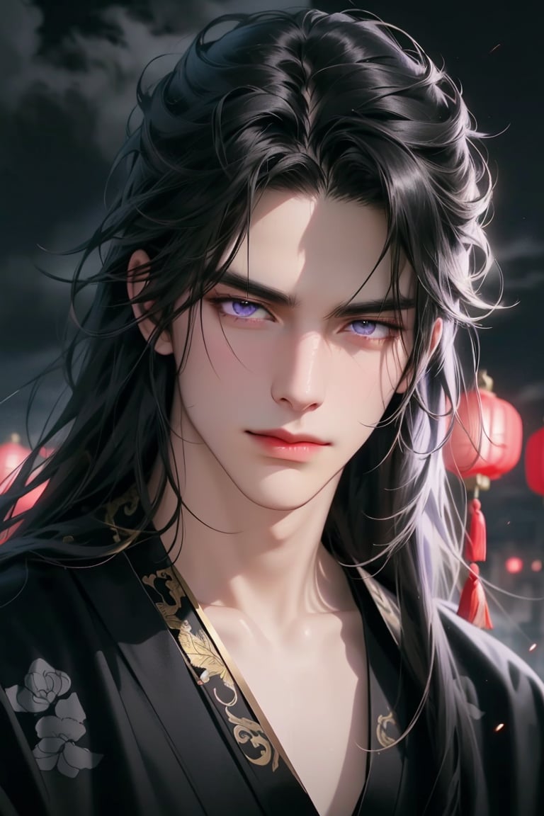 (cowboy shot), dynamic action style, (1man), (male:1.2), mature face, (mature boy:1.2), sinister smirk, (Chinese hanfu with black and gold accents), finely detailed eyes and face, (long black straight hair:1.2), (purple eyes:1.1), (focus on character:1.1), ((solo)), detailed face, detailed eyes, Chinese epic style, clear subject, ultra realistic, ultra detailed, OC rendering, blender, high detail, ultra high quality, dark and ominous atmosphere, dark clouds swirling, subtle mist
