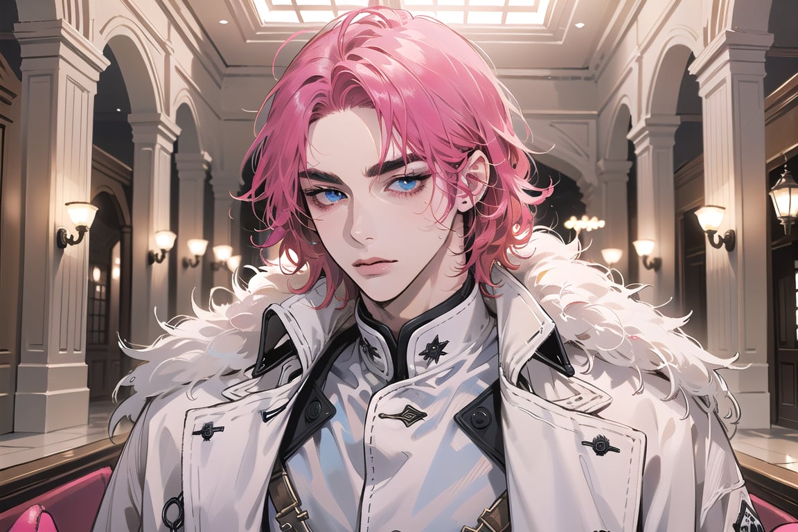 Kryon,1 boy, ((solo focus)), (((Fuchsia hair))), ((thick eyebrows)), ((Medium score)), To reveal the forehead, ((Split head)), ((messy hair)), ((wavy curly hair)), ((short hair)), blue eyes, mature, ((white GreatCoat:1.3)), (((slim figure:1.5))), by Raphael, masterpiece, upper body shot, magnificent indoor hall,1 man