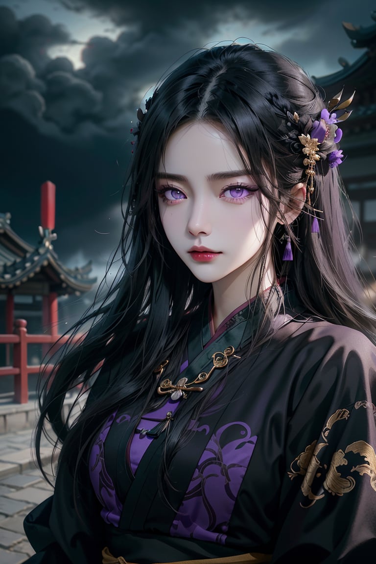 (cowboy shot), dynamic action style, (1woman), (female:1.2), mature face, (mature girl:1.2), sinister smirk, (Chinese hanfu with black and gold accents), finely detailed eyes and face, slim figure, (long black straight hair:1.2), (purple eyes:1.3), (focus on character:1.1), ((solo)), detailed face, detailed eyes, Chinese epic style, clear subject, ultra realistic, ultra detailed, OC rendering, blender, high detail, ultra high quality, dark and ominous atmosphere, dark clouds swirling, subtle mist