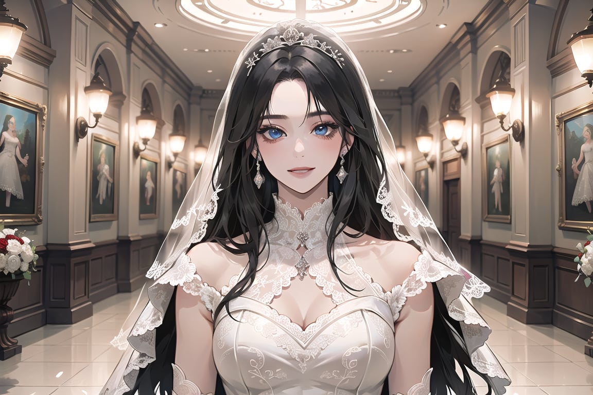 ((Black hair)), (((center parthair))), straight long hair, blue eyes, angelic smile, wearing a ((wedding lace dress:1.3)), by Raphael, masterpiece, upper body shot, magnificent indoor hall, Herioce,1 girl