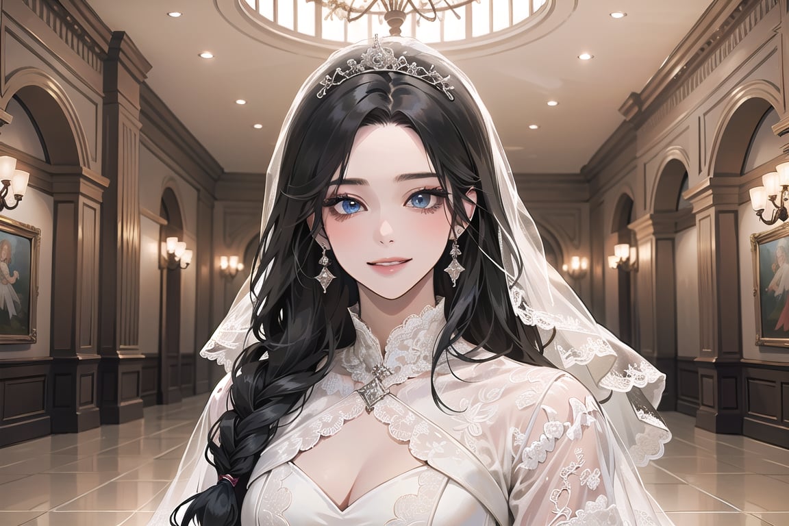 ((Black hair)), (((center parthair))), straight long hair, blue eyes, angelic smile, wearing a ((wedding lace dress:1.3)), by Raphael, masterpiece, upper body shot, magnificent indoor hall, Herioce,1 girl