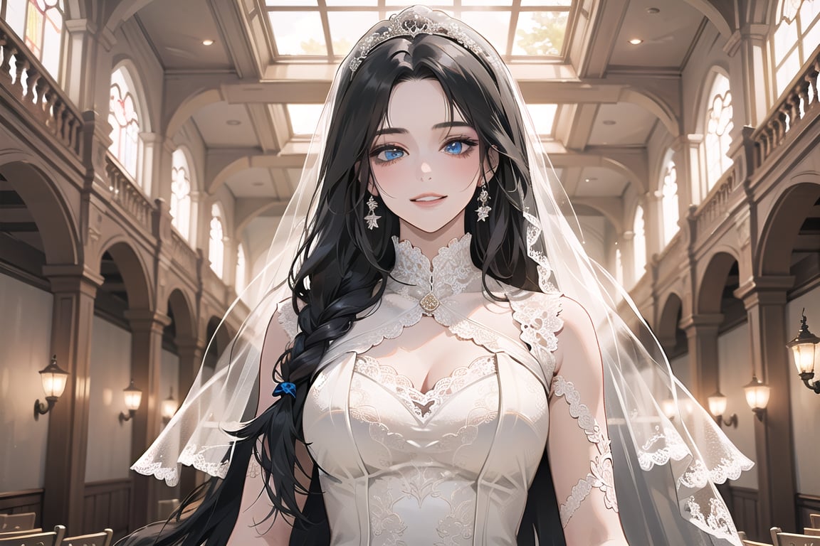 ((Black hair)), (((center parthair))), straight long hair, blue eyes, angelic smile, wearing a ((wedding lace dress:1.3)), by Raphael, masterpiece, upper body shot, magnificent indoor hall, Herioce,1 girl