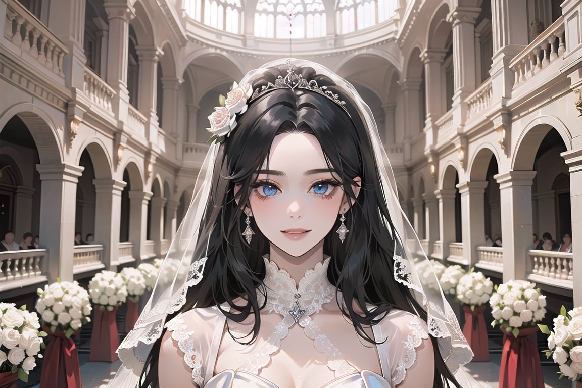 ((Black hair)), (((center parthair))), straight long hair, blue eyes, angelic smile, wearing a ((wedding lace dress:1.3)), by Raphael, masterpiece, upper body shot, magnificent indoor hall, Herioce,1 girl