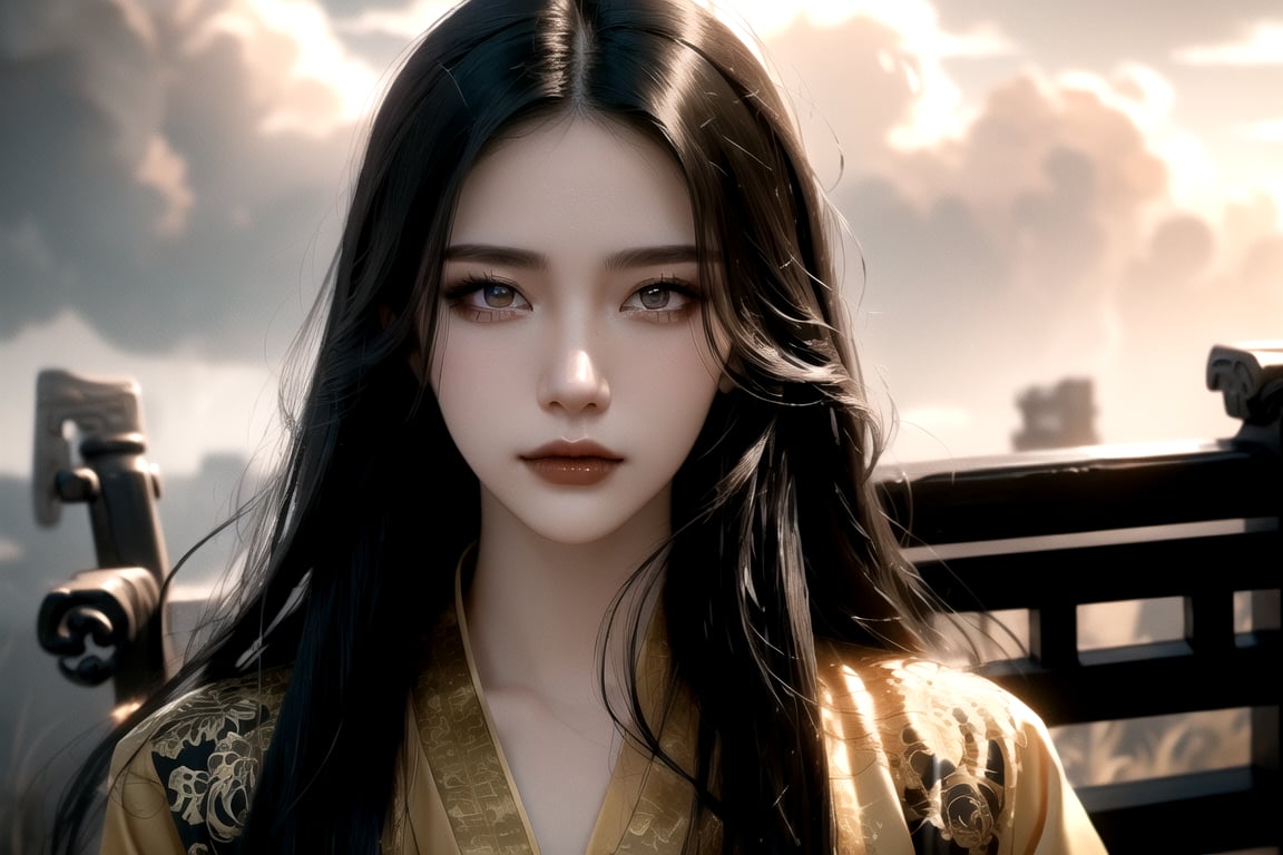 (cowboy shot), dynamic action style, (1woman), (female:1.2), mature face, (mature girl:1.2), sinister smirk, (Chinese hanfu with black and gold accents), finely detailed eyes and face, slim figure, (long black straight hair:1.2) flowing, (purple eyes:1.1), (focus on character:1.1), ((solo)), detailed face, detailed eyes, Chinese epic style, clear subject, ultra realistic, ultra detailed, OC rendering, blender, high detail, ultra high quality, dark and ominous atmosphere, dark clouds swirling, subtle mist
