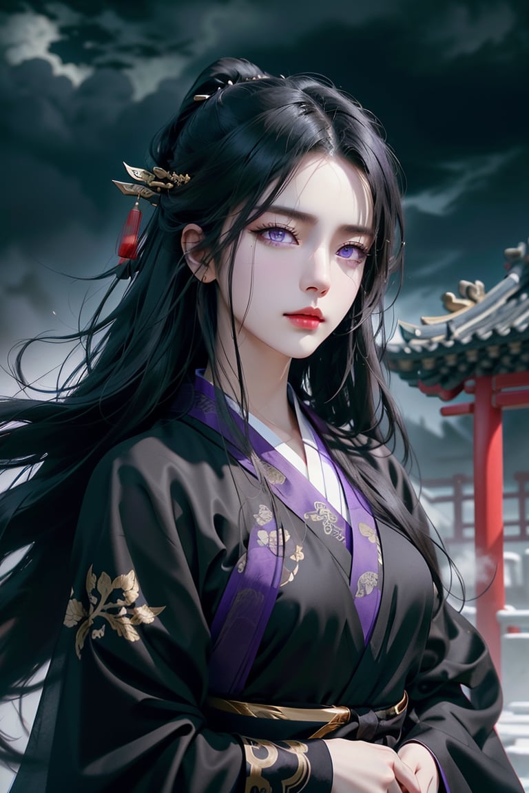 (cowboy shot), dynamic action style, (1woman), (female:1.2), mature face, (mature girl:1.2), sinister smirk, (Chinese hanfu with black and gold accents), finely detailed eyes and face, slim figure, (long black straight hair:1.2), (purple eyes:1.3), (focus on character:1.1), ((solo)), detailed face, detailed eyes, Chinese epic style, clear subject, ultra realistic, ultra detailed, OC rendering, blender, high detail, ultra high quality, dark and ominous atmosphere, dark clouds swirling, subtle mist