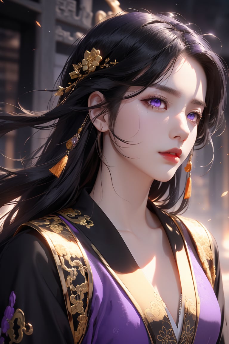 (cowboy shot), dynamic action style, (1woman), (female:1.2), mature face, (mature girl:1.2), sinister smirk, (Chinese hanfu with black and gold accents), finely detailed eyes and face, slim figure, (long black straight hair:1.2), (purple eyes:1.3), (focus on character:1.1), ((solo)), detailed face, detailed eyes, Chinese epic style, clear subject, ultra realistic, ultra detailed, OC rendering, blender, high detail, ultra high quality, dark and ominous atmosphere, dark clouds swirling, subtle mist