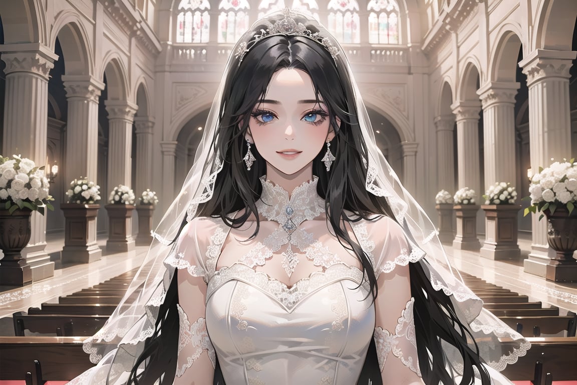 ((Black hair)), (((center parthair))), straight long hair, blue eyes, angelic smile, wearing a ((wedding lace dress:1.3)), by Raphael, masterpiece, upper body shot, magnificent indoor hall, Herioce,1 girl