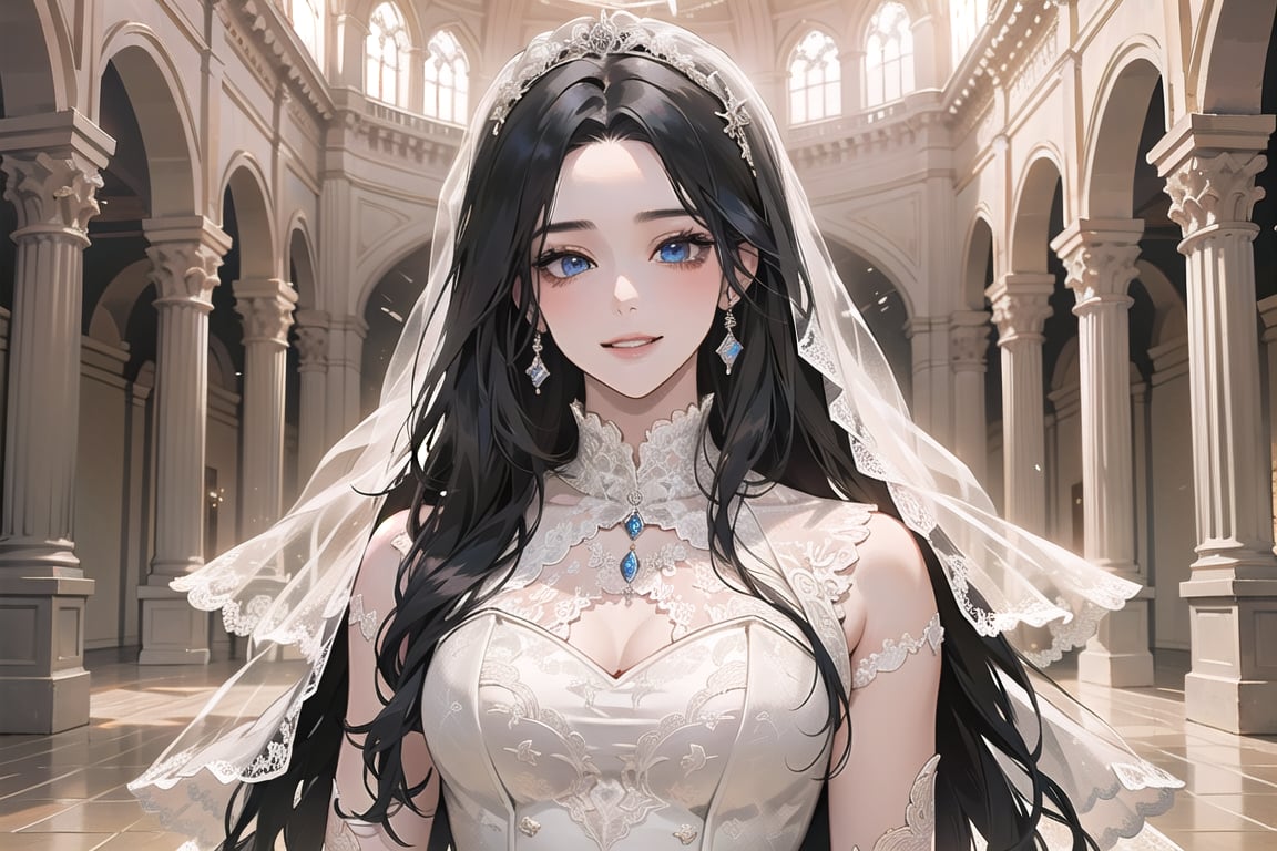 ((Black hair)), (((center parthair))), straight long hair, blue eyes, angelic smile, wearing a ((wedding lace dress:1.3)), by Raphael, masterpiece, upper body shot, magnificent indoor hall, Herioce,1 girl