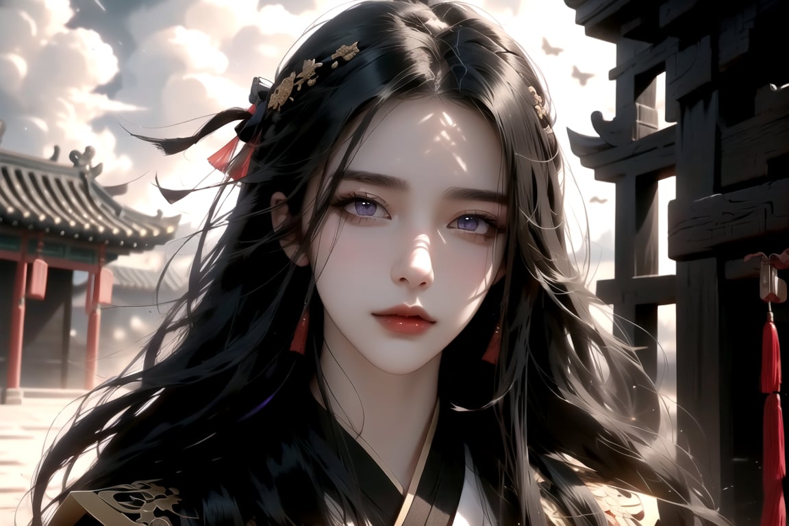 (cowboy shot), dynamic action style, (1woman), (female:1.2), mature face, (mature girl:1.2), sinister smirk, (Chinese hanfu with black and gold accents), finely detailed eyes and face, slim figure, (long black straight hair:1.2) flowing, (purple eyes:1.1), (focus on character:1.1), ((solo)), detailed face, detailed eyes, Chinese epic style, clear subject, ultra realistic, ultra detailed, OC rendering, blender, high detail, ultra high quality, dark and ominous atmosphere, dark clouds swirling, subtle mist
