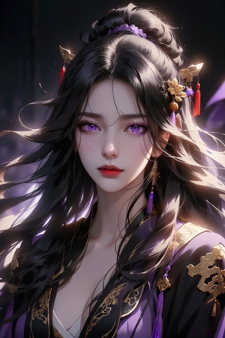 (cowboy shot), dynamic action style, (1woman), (female:1.2), mature face, (mature girl:1.2), sinister smirk, (Chinese hanfu with black and gold accents), finely detailed eyes and face, slim figure, (long black straight hair:1.2), (purple eyes:1.3), (focus on character:1.1), ((solo)), detailed face, detailed eyes, Chinese epic style, clear subject, ultra realistic, ultra detailed, OC rendering, blender, high detail, ultra high quality, dark and ominous atmosphere, dark clouds swirling, subtle mist