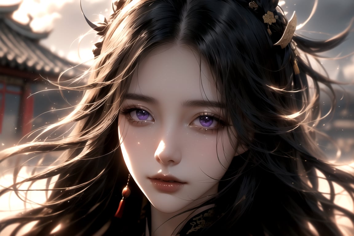 (cowboy shot), dynamic action style, (1woman), (female:1.2), mature face, (mature girl:1.2), sinister smirk, (Chinese hanfu with black and gold accents), finely detailed eyes and face, slim figure, (long black straight hair:1.2) flowing, (purple eyes:1.1), (focus on character:1.1), ((solo)), detailed face, detailed eyes, Chinese epic style, clear subject, ultra realistic, ultra detailed, OC rendering, blender, high detail, ultra high quality, dark and ominous atmosphere, dark clouds swirling, subtle mist
