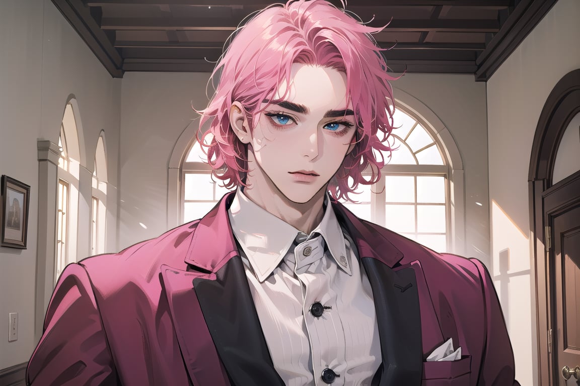 Kryon,1 boy, ((solo focus)), (((Fuchsia hair))), ((thick eyebrows)), ((Medium score)), To reveal the forehead, ((Split head)), ((messy hair)), ((wavy curly hair)), short hair, blue eyes, mature, ((Three-piece Suit:1.3)), by Raphael, masterpiece, upper body shot, magnificent indoor hall,1 man