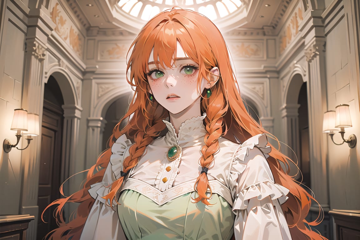 ((Tangerine hair)), (freckle), (twin braids), (bangs), long wavy hair, green eyes, shy, wearing a ((royal Victorian dress)), long sleeve, by Raphael, masterpiece, upper body shot, magnificent indoor hall, Flonie, 1 girl