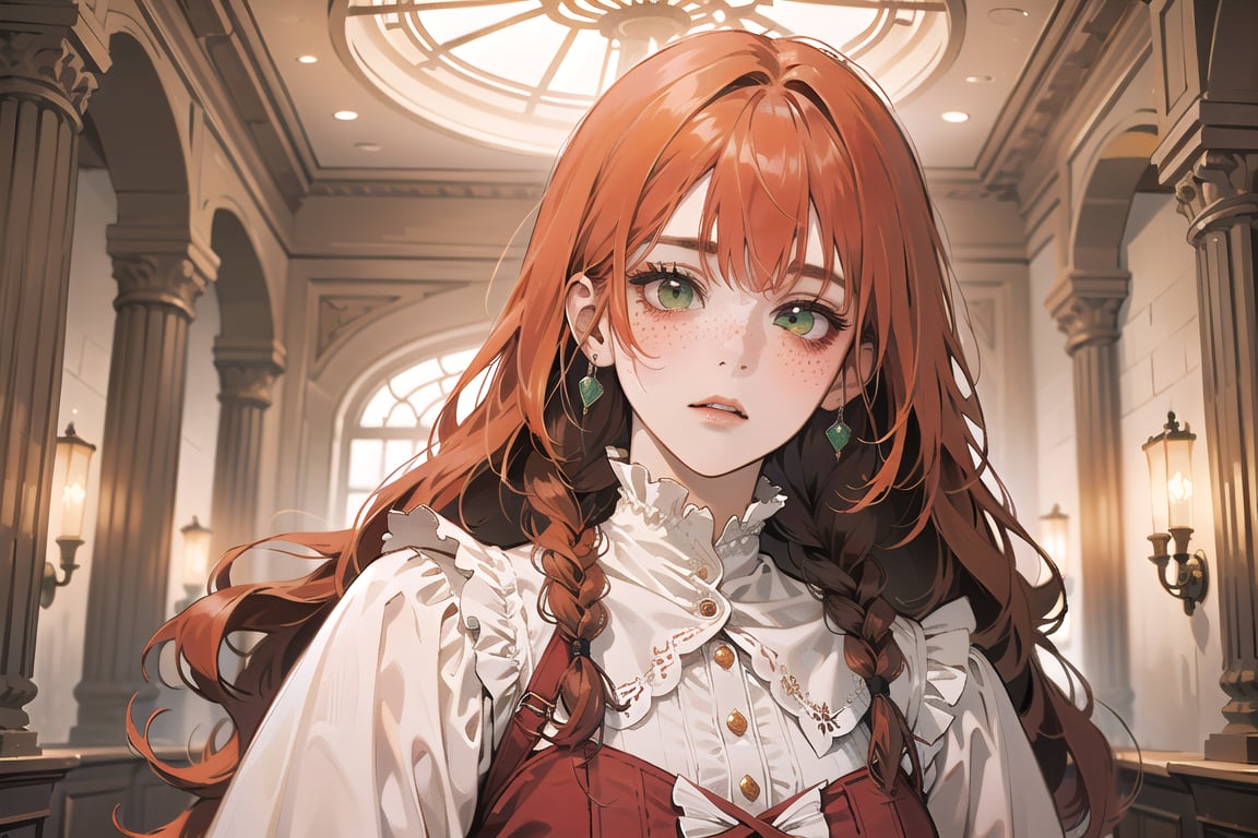 ((Tangerine hair)), (freckle), (twin braids), (bangs), long wavy hair, green eyes, full-face blush, wearing a ((Crimson)) ((royal Victorian dress)), long puff sleeve, by Raphael, masterpiece, upper body shot, magnificent indoor hall, Flonie, 1 girl