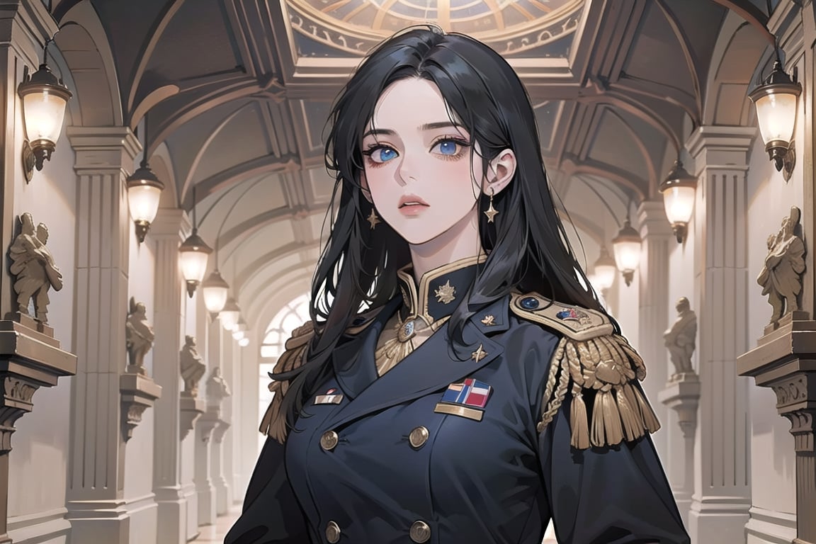 ((Black hair)), (((center parthair))), straight long hair, blue eyes, serious, wearing a ((military uniform:1.3)), by Raphael, masterpiece, upper body shot, magnificent indoor hall, Herioce,1 girl