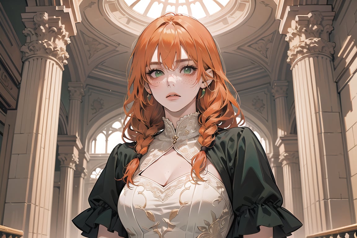 ((Tangerine hair)), (freckle), (twin braids), (bangs), long wavy hair, green eyes, serious, wearing a (red Romanticism Gown)), short sleeve, by Raphael, masterpiece, upper body shot, magnificent indoor hall, Flonie, 1 girl