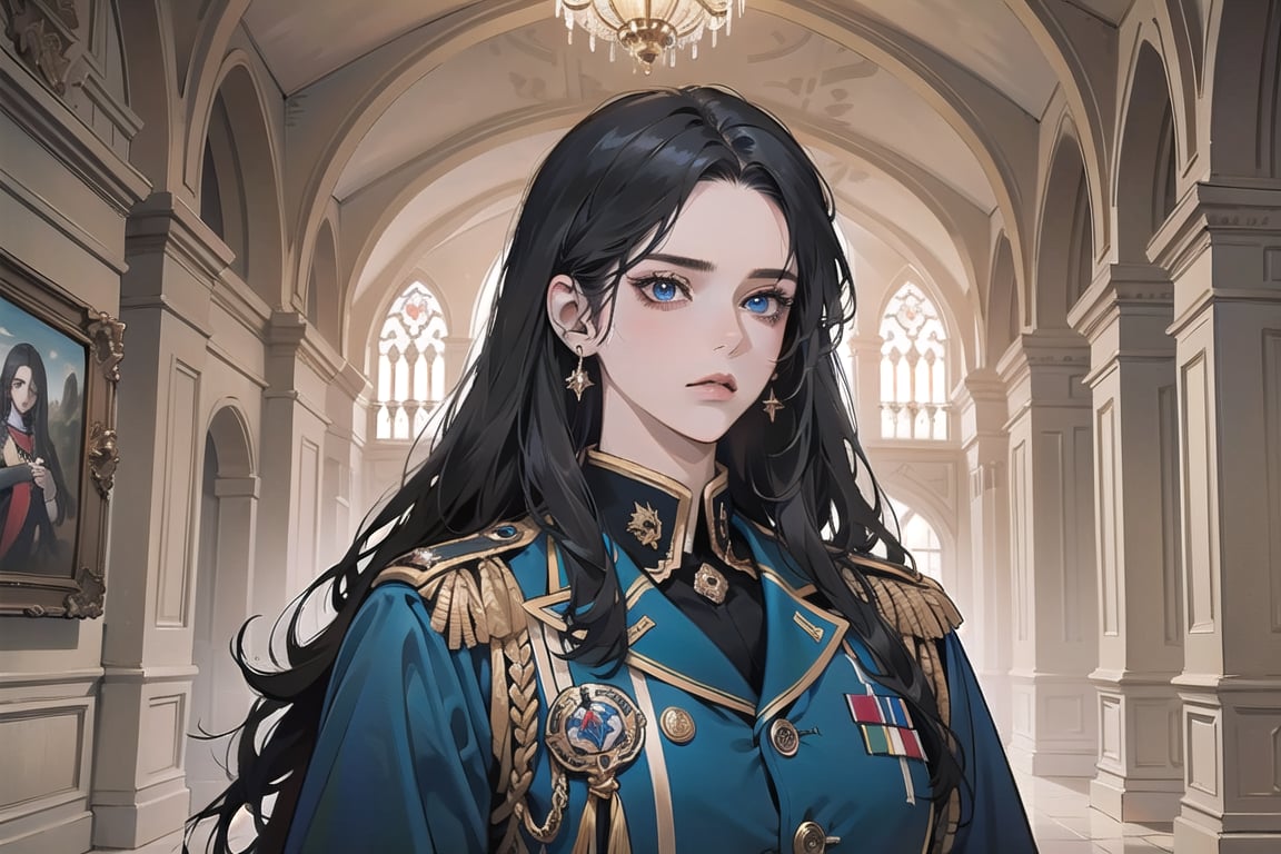 ((Black hair)), center parthair, straight long hair, blue eyes, disdain, wearing a ((military uniform)), by Raphael, masterpiece, upper body shot, magnificent indoor hall, Herioce,1 girl