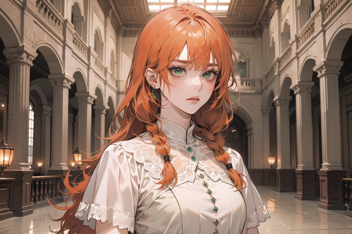 ((Tangerine hair)), (freckle), (twin braids), (bangs), long wavy hair, green eyes, serious, wearing a ((red)) 
 Romanticism Gown)), short sleeve, by Raphael, masterpiece, upper body shot, magnificent indoor hall, Flonie, 1 girl