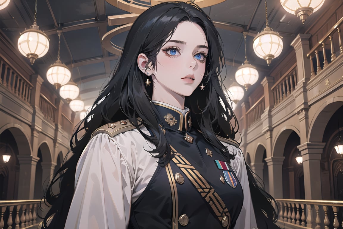 ((Black hair)), center parthair, straight long hair, blue eyes, dark persona, wearing a ((military uniform:1.3)), by Raphael, masterpiece, upper body shot, magnificent indoor hall, Herioce,1 girl