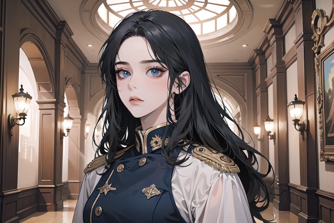 ((Black hair)), center parthair, straight long hair, blue eyes, disdain, wearing a ((military uniform)), by Raphael, masterpiece, upper body shot, magnificent indoor hall, Herioce,1 girl