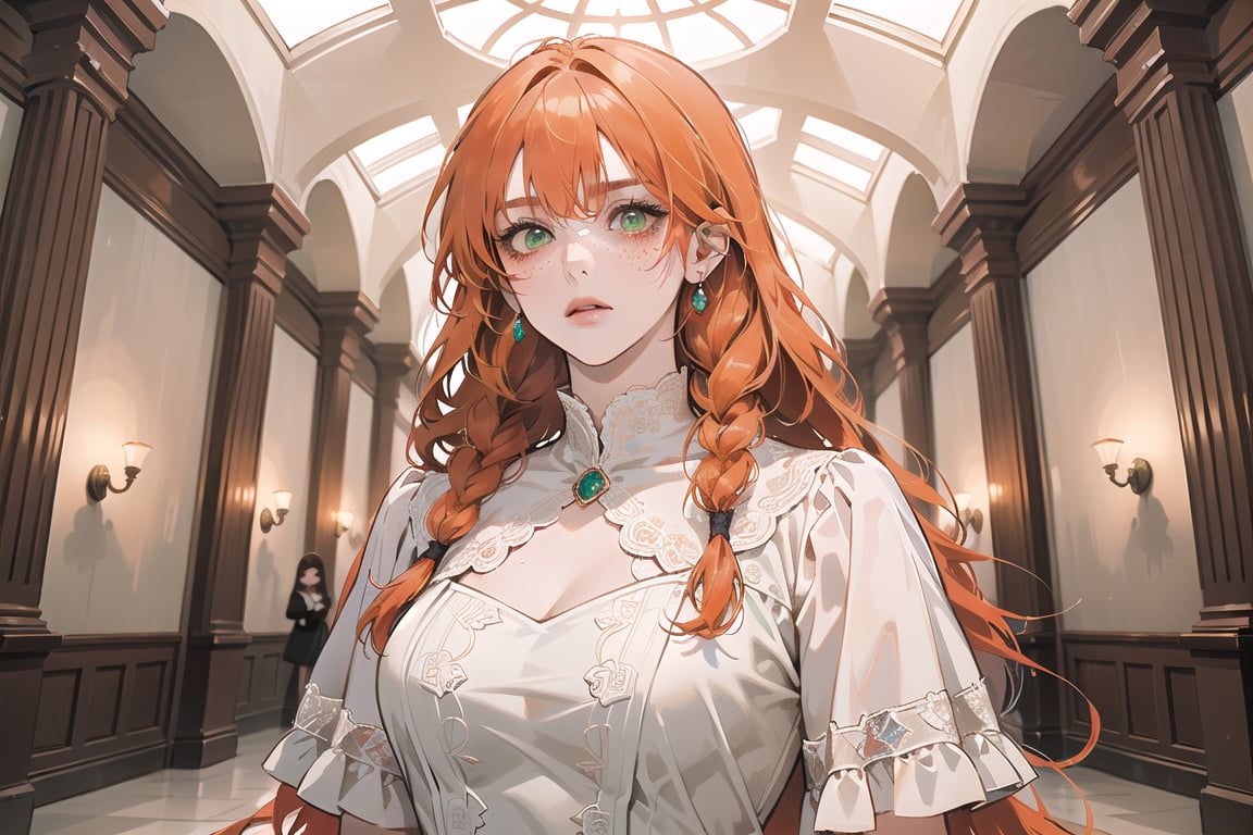 ((Tangerine hair)), (freckle), (twin braids), (bangs), long wavy hair, green eyes, serious, wearing a ((red)) 
 Romanticism Gown)), short sleeve, by Raphael, masterpiece, upper body shot, magnificent indoor hall, Flonie, 1 girl