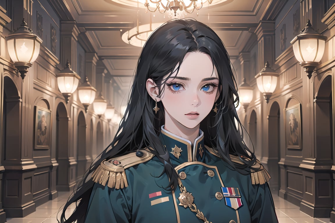 ((Black hair)), center parthair, straight long hair, blue eyes, disgust, wearing a ((military uniform:1.3)), by Raphael, masterpiece, upper body shot, magnificent indoor hall, Herioce,1 girl