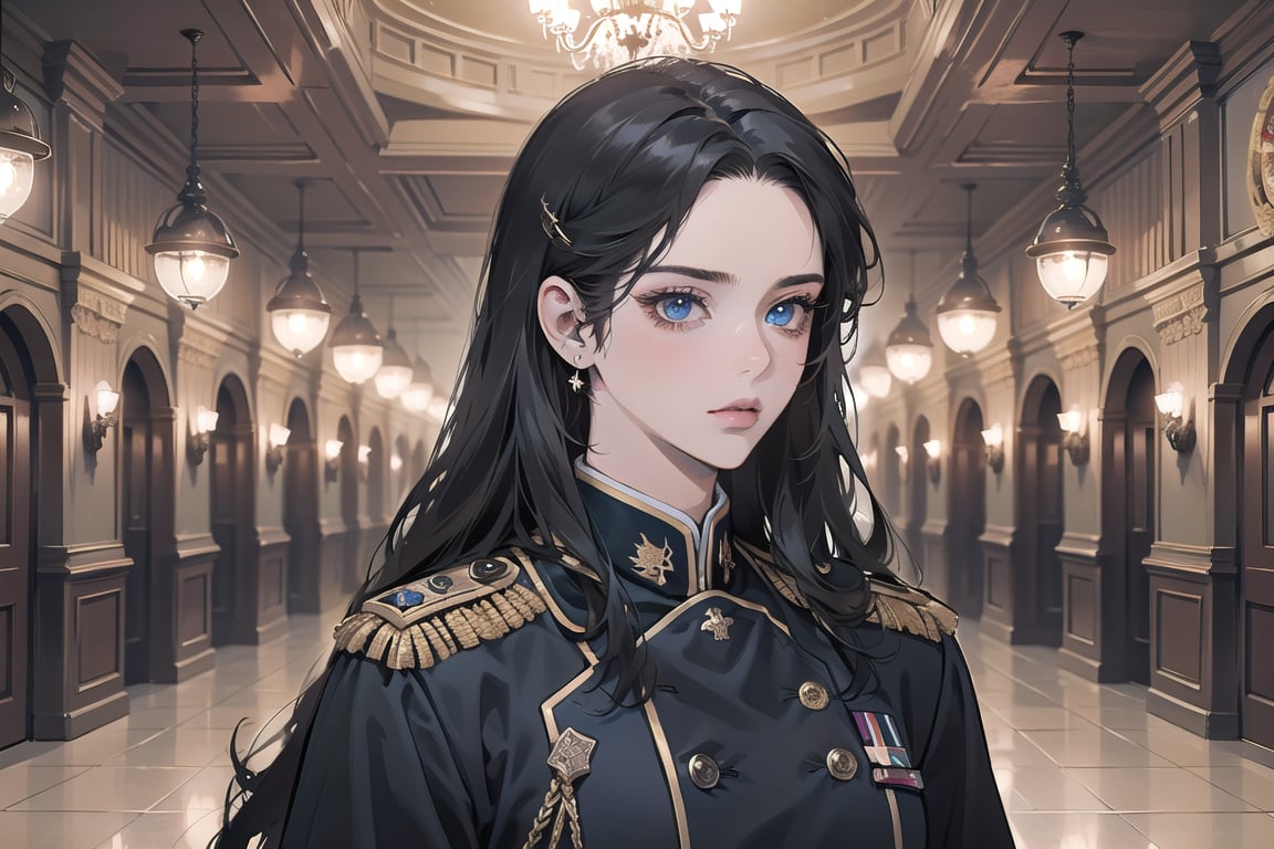 ((Black hair)), (((center parthair))), straight long hair, blue eyes, serious, wearing a ((military uniform:1.3)), by Raphael, masterpiece, upper body shot, magnificent indoor hall, Herioce,1 girl