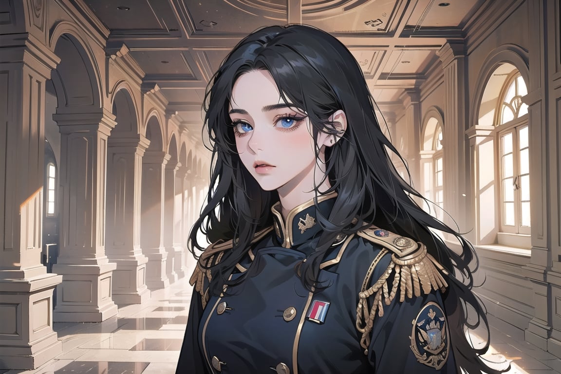 ((Black hair)), (((center parthair))), straight long hair, blue eyes, mad, wearing a ((military uniform:1.3)), by Raphael, masterpiece, upper body shot, magnificent indoor hall, Herioce,1 girl