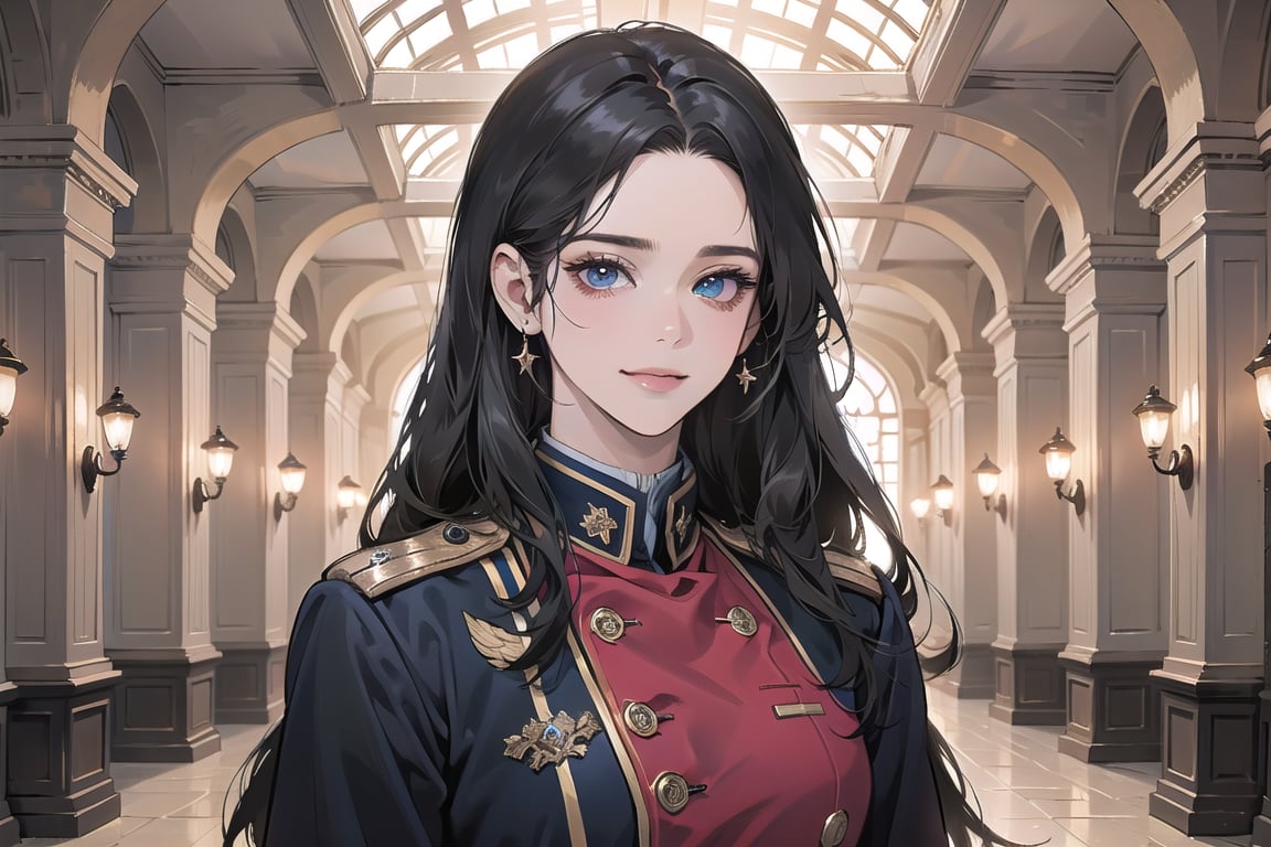 ((Black hair)), center parthair, straight long hair, blue eyes, sad smile, wearing a ((military uniform:1.3)), by Raphael, masterpiece, upper body shot, magnificent indoor hall, Herioce,1 girl