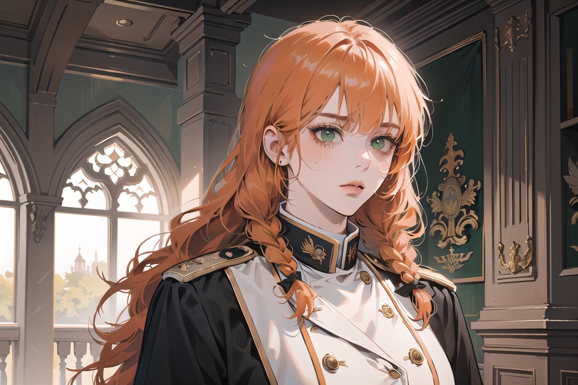 ((Tangerine hair)), (freckle), (twin braids), (bangs), long wavy hair, green eyes, serious, wearing a ((white)) ((military uniform:1.3)), by Raphael, masterpiece, upper body shot, magnificent indoor hall, Flonie, 1 girl