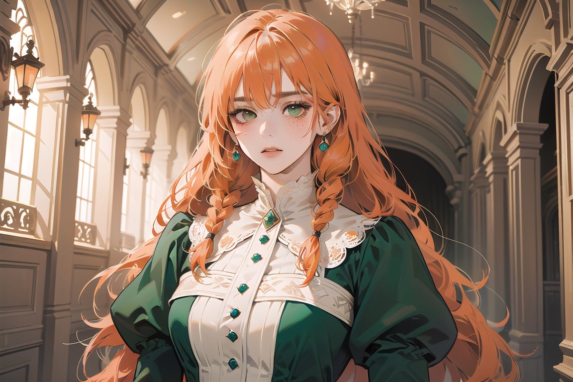 ((Tangerine hair)), (freckle), (twin braids), (bangs), long wavy hair, green eyes, shy, wearing a ((royal Victorian dress)), long sleeve, by Raphael, masterpiece, upper body shot, magnificent indoor hall, Flonie, 1 girl