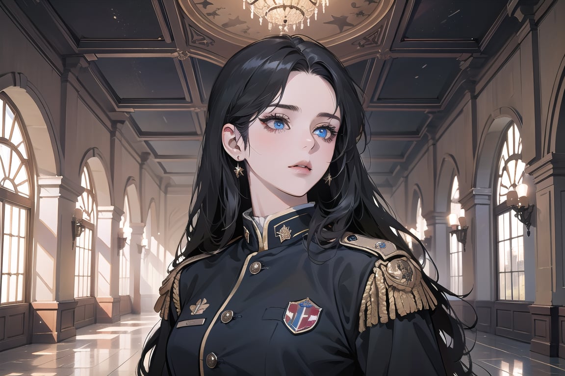 ((Black hair)), center parthair, straight long hair, blue eyes, dark persona, wearing a ((military uniform:1.3)), by Raphael, masterpiece, upper body shot, magnificent indoor hall, Herioce,1 girl