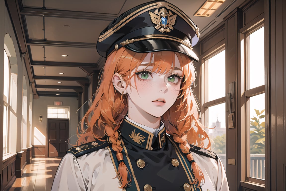 ((Tangerine hair)), (freckle), (twin braids), (bangs), long wavy hair, green eyes, shy, wearing a ((military uniform:1.3)), by Raphael, masterpiece, upper body shot, magnificent indoor hall, Flonie, 1 girl