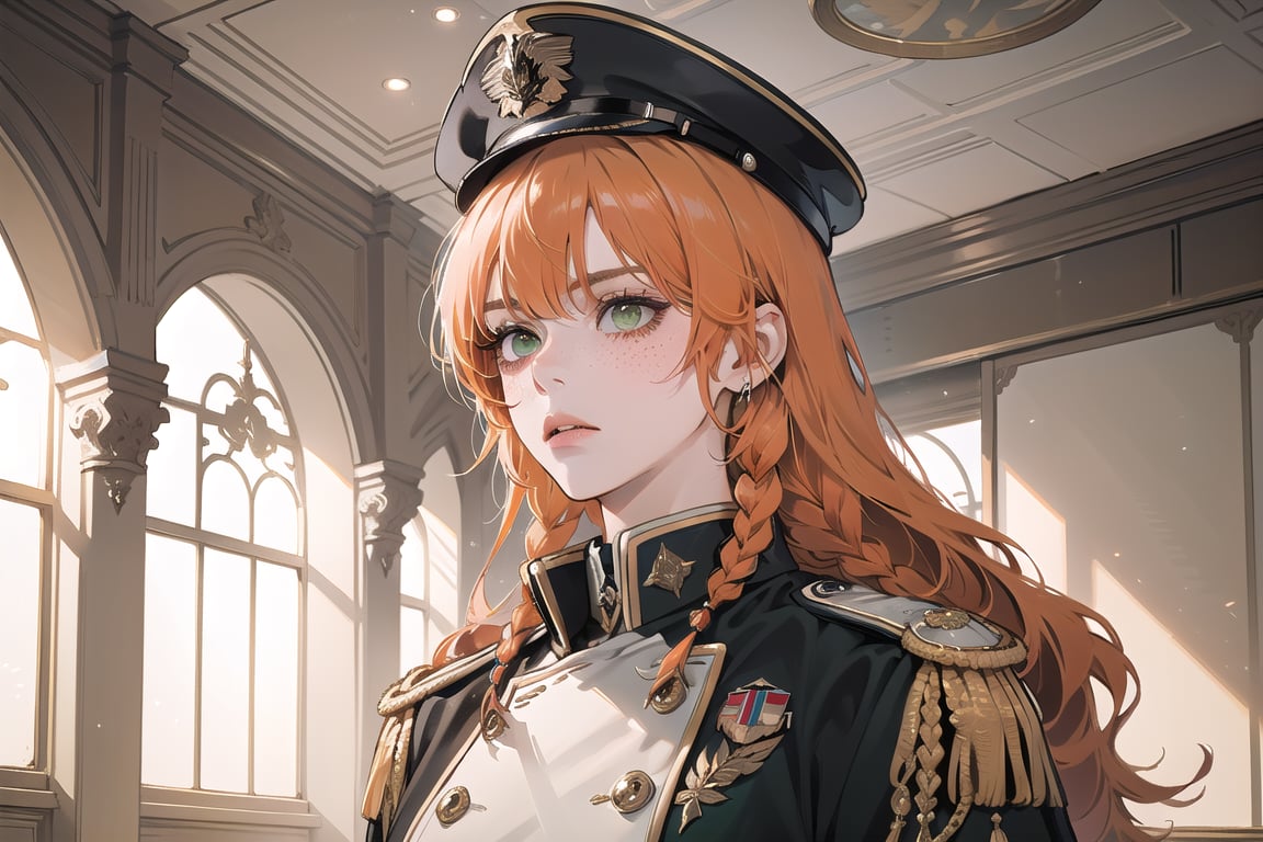 ((Tangerine hair)), (freckle), (twin braids), (bangs), long wavy hair, green eyes, serious, wearing a ((white)) ((military uniform:1.3)), by Raphael, masterpiece, upper body shot, magnificent indoor hall, Flonie, 1 girl