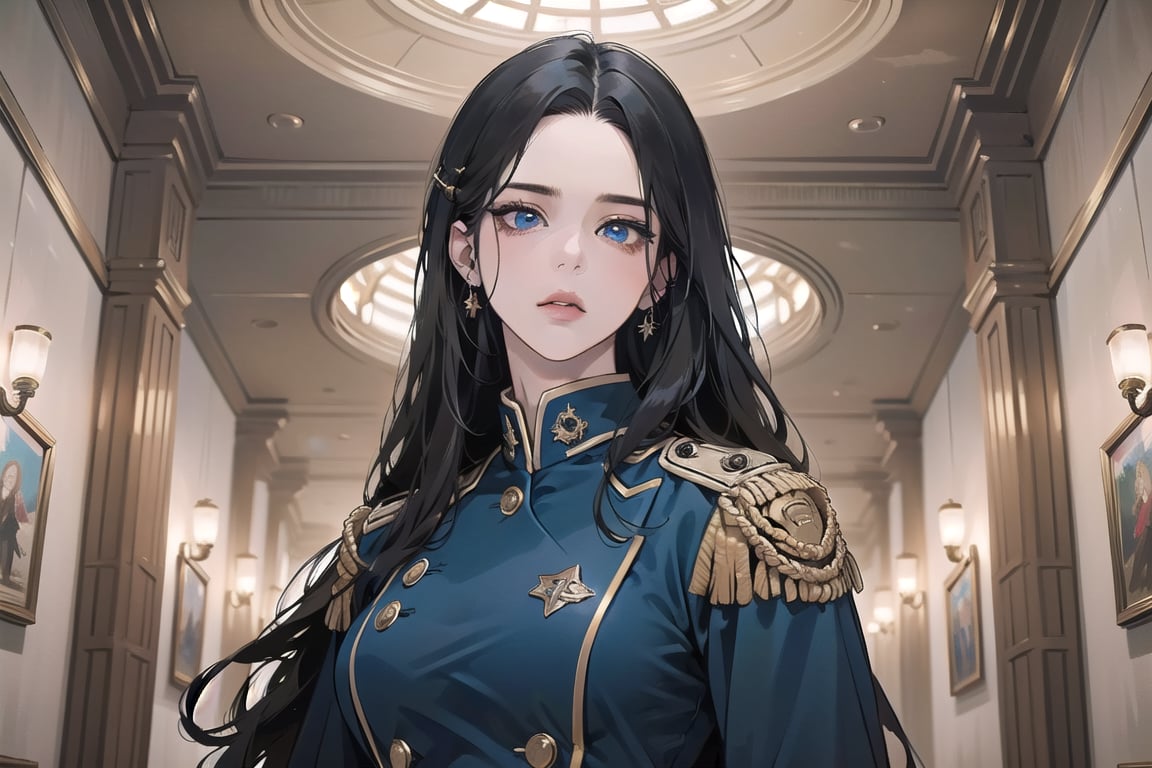 ((Black hair)), (((center parthair))), straight long hair, blue eyes, serious, wearing a ((military uniform:1.3)), by Raphael, masterpiece, upper body shot, magnificent indoor hall, Herioce,1 girl