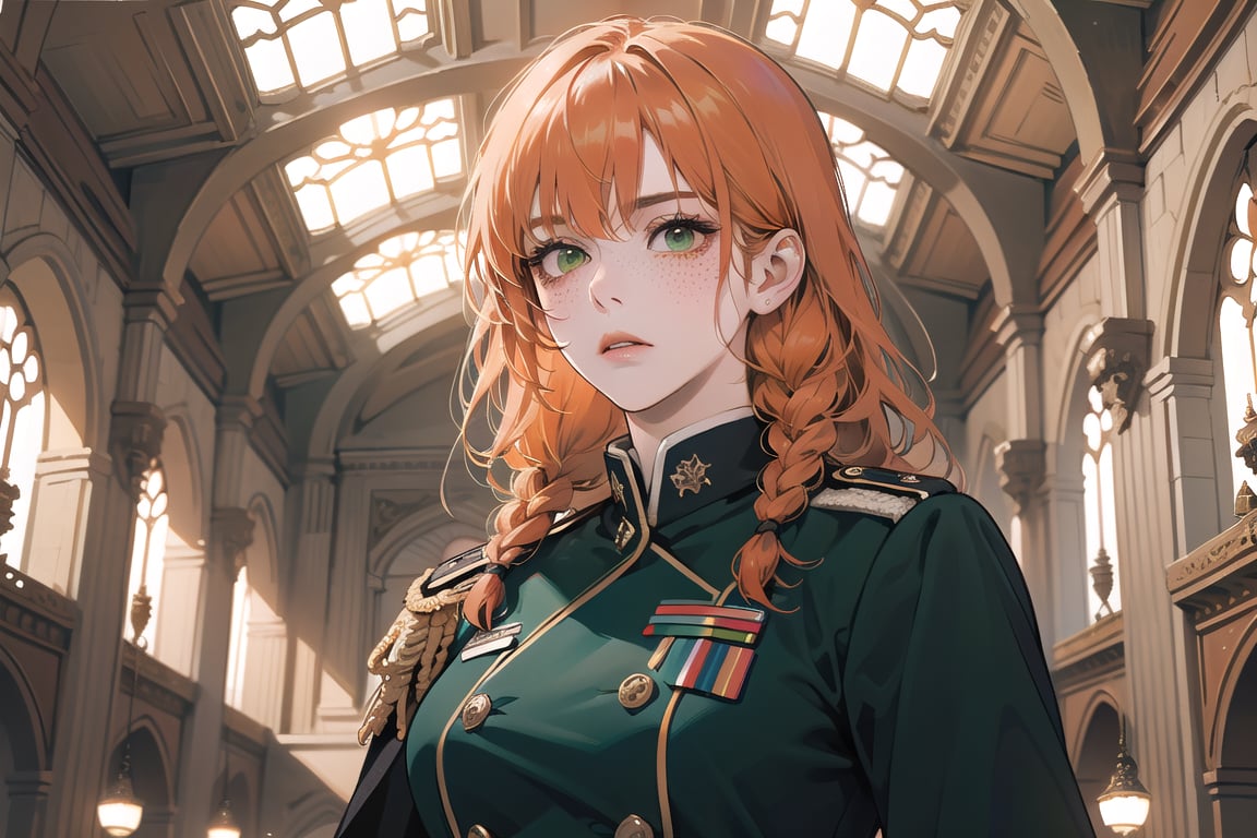 ((Tangerine hair)), (freckle), (twin braids), (bangs), long wavy hair, green eyes, serious, wearing a ((white)) ((military uniform:1.3)), by Raphael, masterpiece, upper body shot, magnificent indoor hall, Flonie, 1 girl