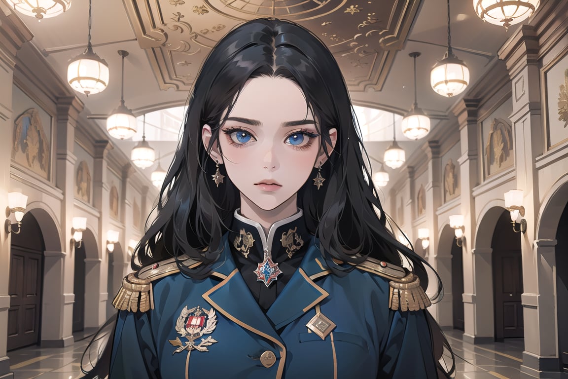 ((Black hair)), (((center parthair))), straight long hair, blue eyes, serious, wearing a ((military uniform:1.3)), by Raphael, masterpiece, upper body shot, magnificent indoor hall, Herioce,1 girl