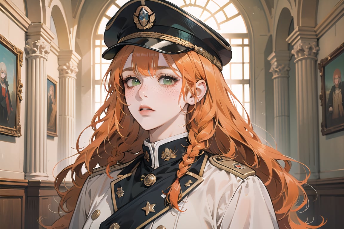 ((Tangerine hair)), (freckle), (twin braids), (bangs), long wavy hair, green eyes, shy, wearing a ((military uniform:1.3)), by Raphael, masterpiece, upper body shot, magnificent indoor hall, Flonie, 1 girl