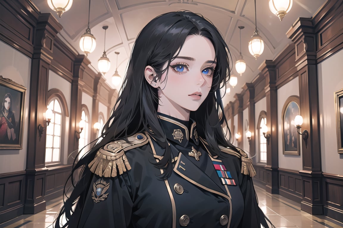 ((Black hair)), center parthair, straight long hair, blue eyes, dark persona, wearing a ((military uniform:1.3)), by Raphael, masterpiece, upper body shot, magnificent indoor hall, Herioce,1 girl