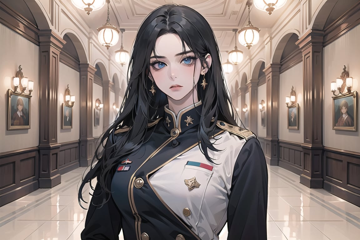 ((Black hair)), center parthair, straight long hair, blue eyes, disdain, wearing a ((military uniform)), by Raphael, masterpiece, upper body shot, magnificent indoor hall, Herioce,1 girl