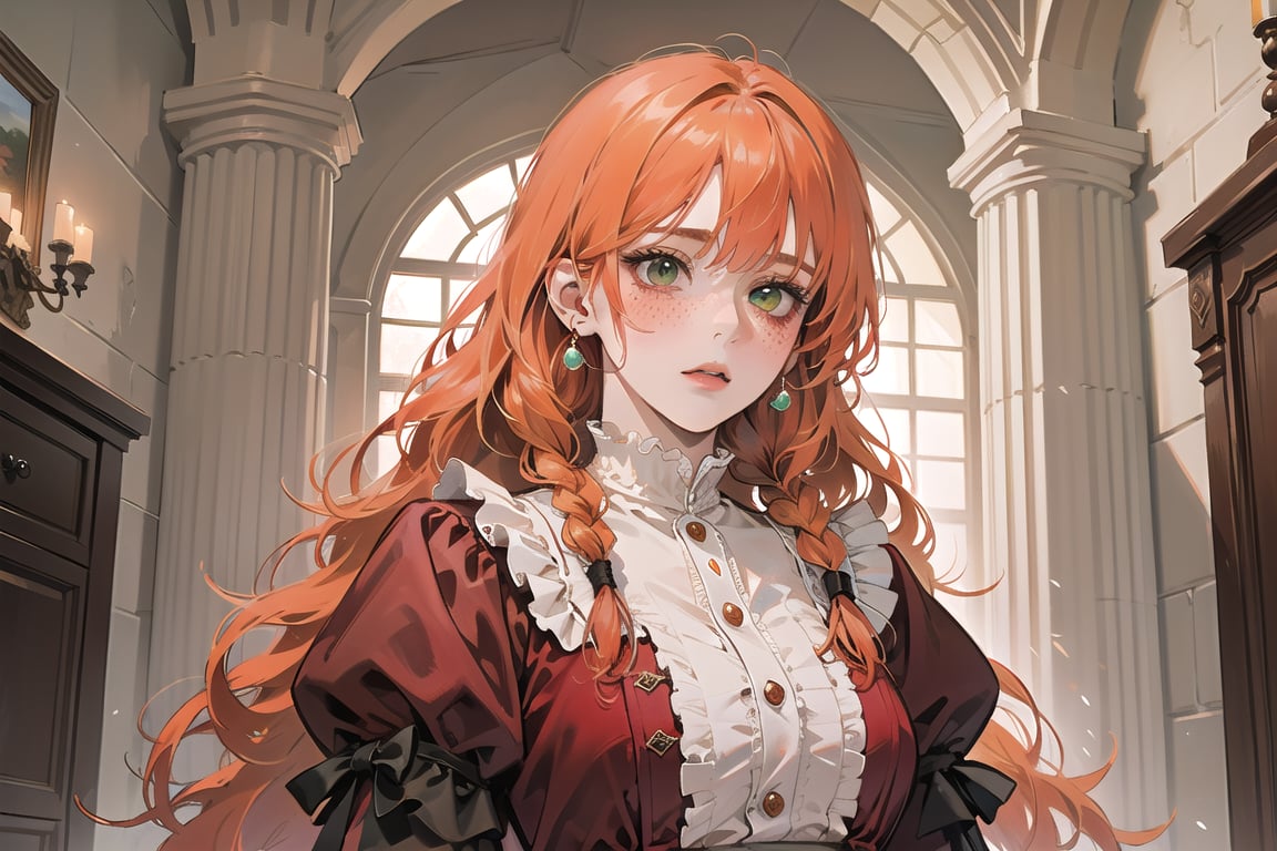 ((Tangerine hair)), (freckle), (twin braids), (bangs), long wavy hair, green eyes, full-face blush, wearing a ((Crimson)) ((royal Victorian dress)), long puff sleeve, by Raphael, masterpiece, upper body shot, magnificent indoor hall, Flonie, 1 girl