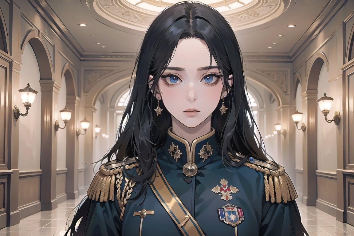 ((Black hair)), center parthair, straight long hair, blue eyes, expressionless, wearing a ((military uniform:1.3)), by Raphael, masterpiece, upper body shot, magnificent indoor hall, Herioce,1 girl